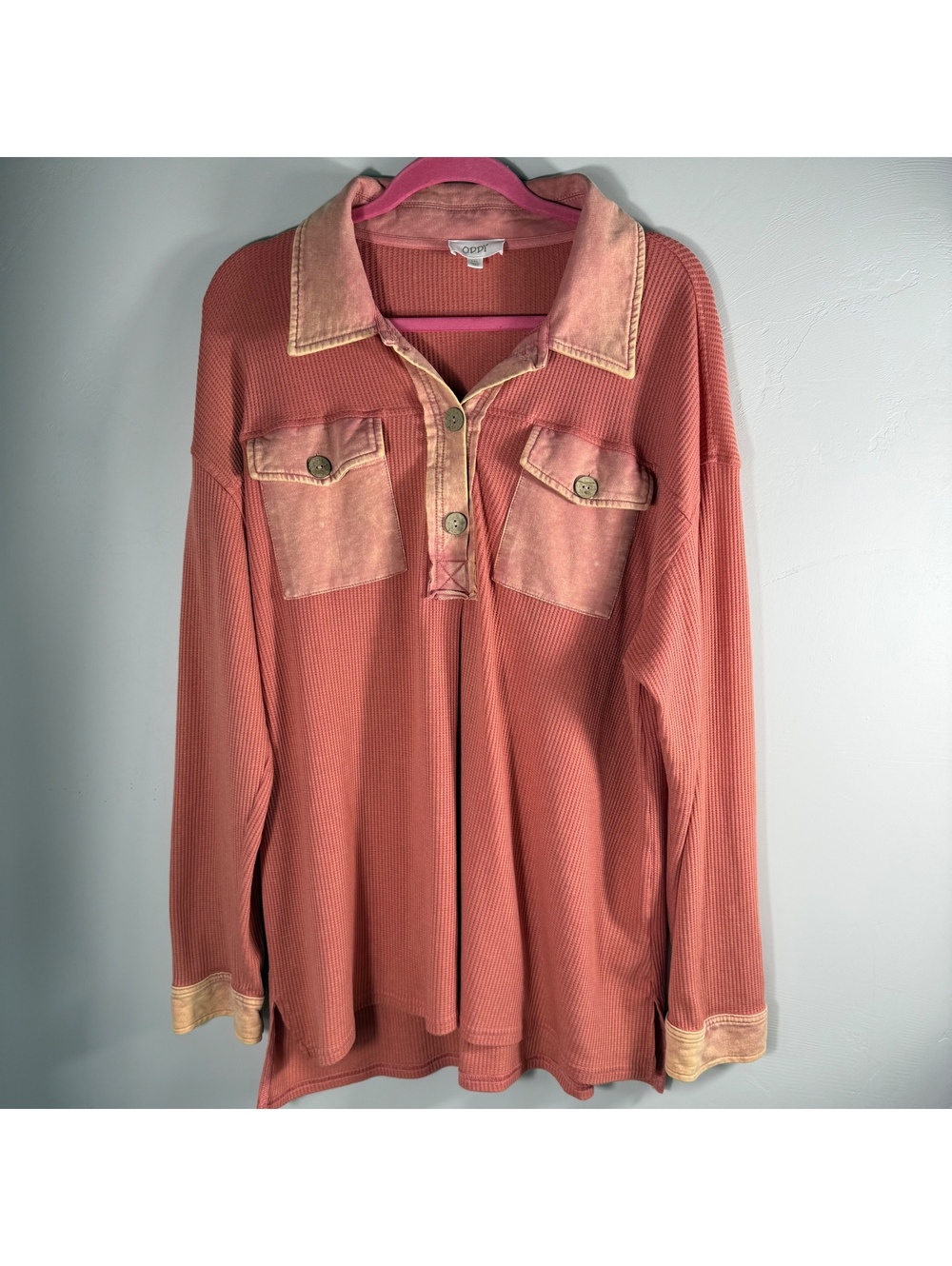 ODDI Rust Terracotta Waffle Knit Collared Utility Top with Denim Details | 1X